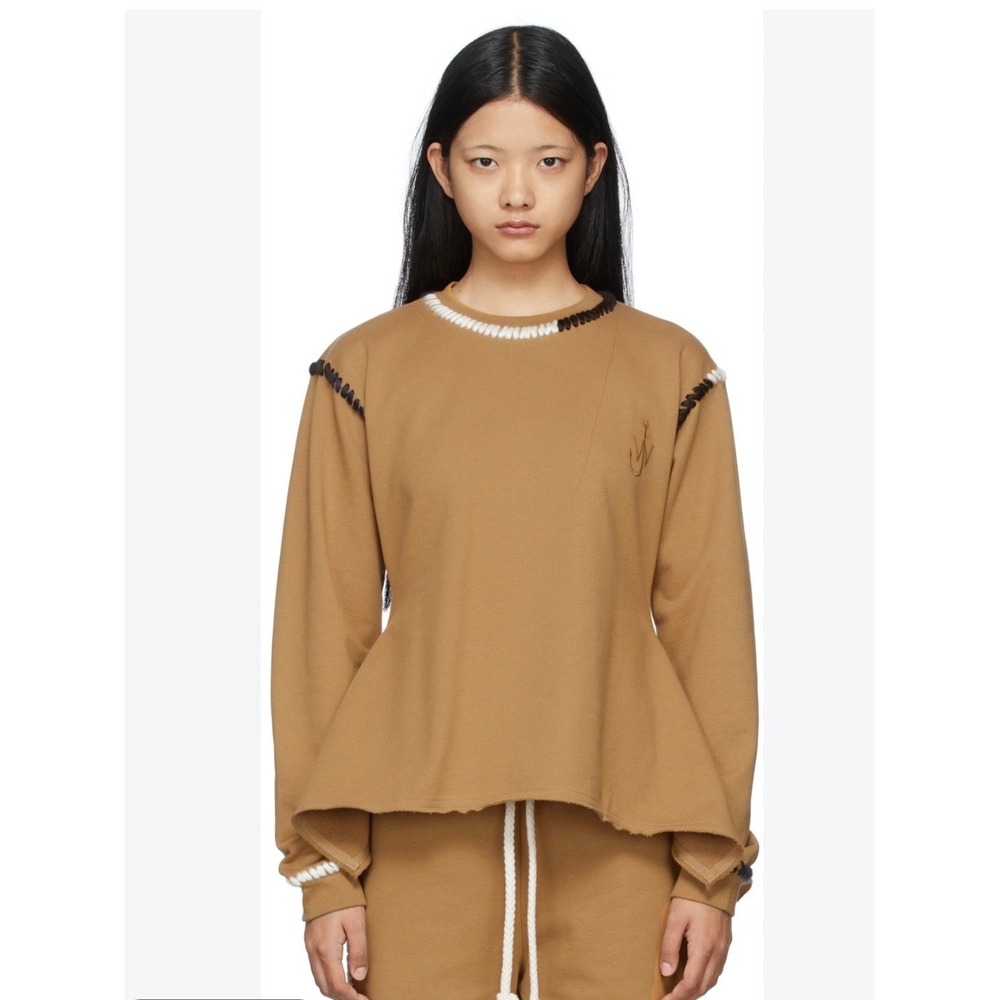 JW Anderson Camel Tan Peplum Sweatshirt Contrast Stitch Anchor Logo Size M